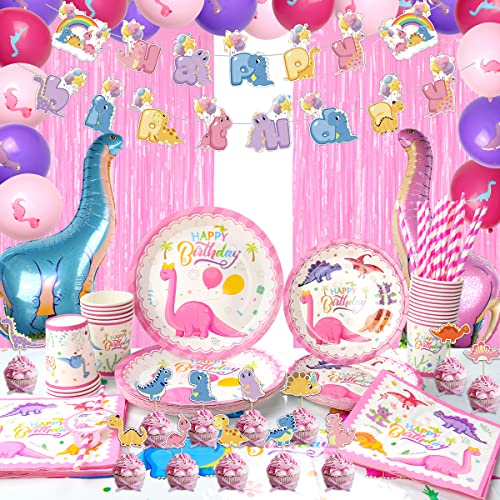 Dinosaurier Partyzubehör Set - Geburtstag Party Dekorationen für Mädchen Geburtstag für Einschließlich Teller, Banner, Tassen, Servietten, Strohhalme,Tischdecke, Folienvorhänge, ballons ,für 20 Gäste von Ywediim