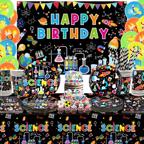 Science Party Supplies, Includes Happy Birthday Backdrop, Plates, Tablecloth, Cups, Balloon and Straws, for Little Scientist Lab Decoration Serves 20 Guests von Ywediim
