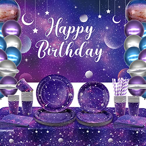 Space Galaxy Partygeschirr Set, Enthält Happy Birthday Banner Hintergrund , Teller, Servietten, Tassen, Tischdecke,Folienballons, Weltraum Deko für kindergeburtstag Planeten 20 Gäste von Ywediim