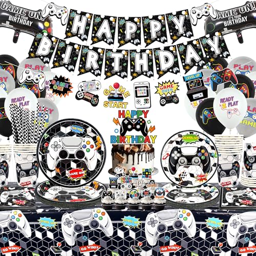 Videospiel-Geburtstagszubehör, einschließlich "Happy Birthday"-Banner, Teller, Tassen, hängender Wirbel, Servietten, Tischdecke, für Jungen, Kinder, Geburtstag, Gaming, Party-Dekorationen, für 20 Videospiel-Geburtstagszubehör, einschließlich "Happy Birthday"-Banner, Teller, Tassen, hängender Wirbel, Servietten, Tischdecke, für Jungen, Kinder, Geburtstag, Gaming, Party-Dekorationen, für 20 von Ywediim