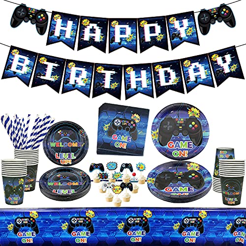 Videospiel Party Zubehör-Einschließlich HAPPY BIRTHDAY-Banner, Teller, Tassen, Servietten, Geschirr, Tischdecken, für Gaming-Themen-Geburtstagsfeier-Dekor für Jungen und Spieler (für 20 Gäste) von Ywediim