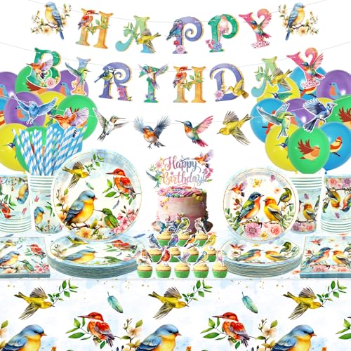 Vogel Partygeschirr, beinhaltet Happy Birthday Banner, Teller, Tischdecke, Tassen, Ballon und Strohhalme, für Vogel Thema Baby Dusche Sommer Tee Party Dekorationen von Ywediim