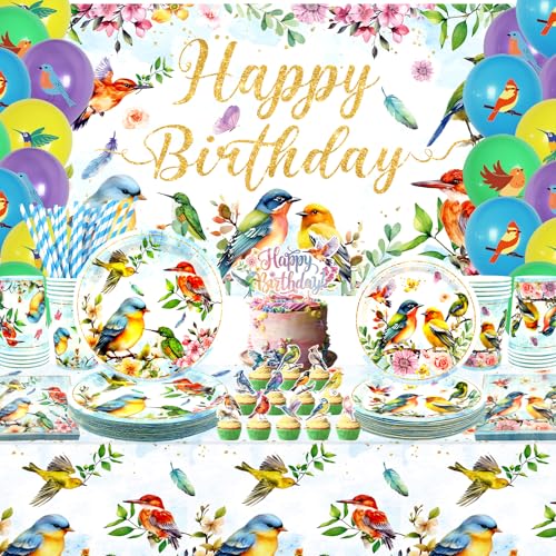 Vogelparty-Zubehör, inklusive Happy Birthday-Banner, Teller, Tischdecke, Tassen, Ballon und Strohhalme, für Babypartys, Sommer-Teeparty-Dekorationen (Hintergrund) von Ywediim