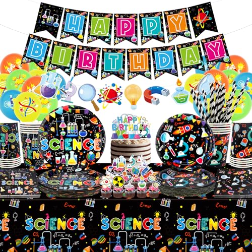 Wissenschaftliche Partyartikel, "Happy Birthday“-Banner, Teller, Tischdecke, Becher, Luftballons und Strohhalme, für die Dekoration eines kleinen Wissenschaftlerlabors Für 20 Gäste (Banners) von Ywediim