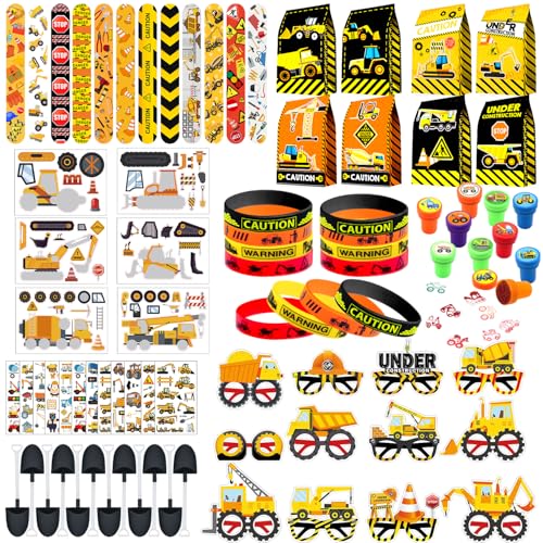 Ywediim Baustelle Give Aways- Inklusive Papier Brille Geschenk Tasche Tattoo Aufkleber Schaufeln Slap Armbänder Silikonarmband DIY Aufkleber Stampers, für Give Aways Kindergeburtstag Party Jungen von Ywediim