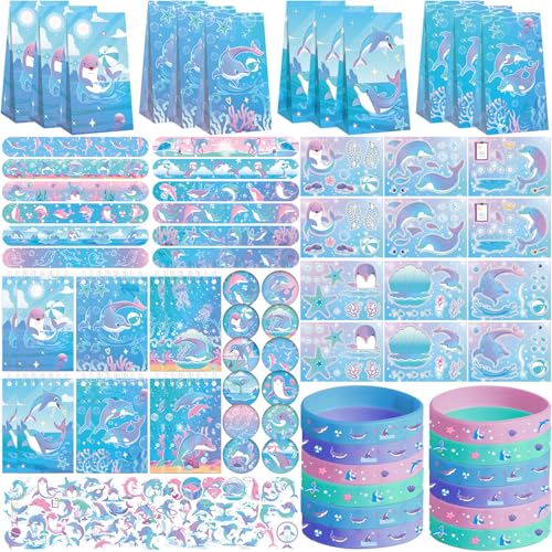 Ywediim Delphin Party Dekorationen Begünstigungen, Geschenk-Taschen, Aufkleber Abzeichen Slap Armbänder Silikon Armbänder DIY Aufkleber, für Delphin Thema Geburtstag Baby Dusche Party Supplies von Ywediim