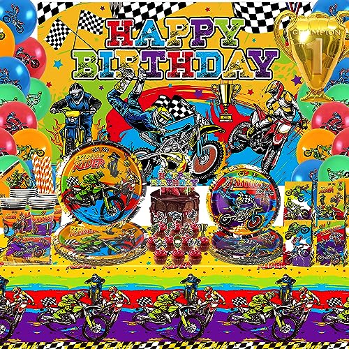 Ywediim Dirt Bike-Geburtstagsparty-Zubehör, inklusive Happy Birthday-Hintergrund, Teller, Serviette, Tassen, Kuchendeckel, für Jungen-Motorrad-Extremsport-Dekorationen, 20 Stück, (Set A) von Ywediim