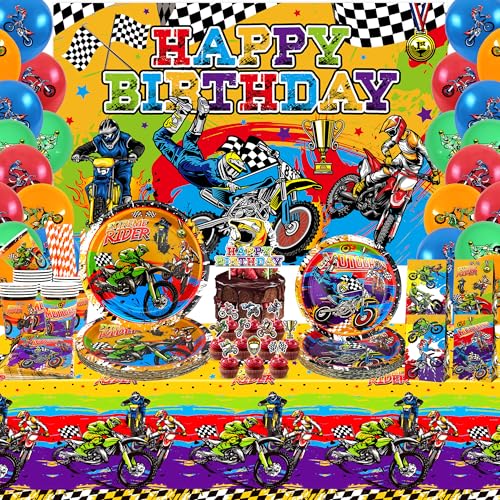 Ywediim Dirt Bike-Geburtstagsparty-Zubehör, inklusive Happy Birthday-Hintergrund, Teller, Serviette, Tassen, Kuchendeckel, für Jungen-Motorrad-Extremsport-Dekorationen, 20 Stück, (Set A) von Ywediim