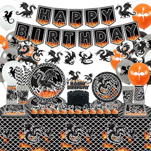 Ywediim Drachen Party Teller, Einschließlich Happy Birthday Party Banner, Teller, Dessertteller, Tassen, Servietten, Tischdecke, Luftballons, Strohhalme, für Dragon Theme Party Deko Zubehör (A) von Ywediim