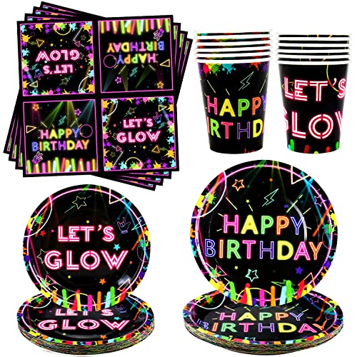Ywediim Glow Neon Party-Geschirr für 20 Portionen – inkl. Teller, Tassen, Servietten, für Schwarzlicht-Party-Dekorationen mit Let's Glow-Thema (20 Portionen) von Ywediim