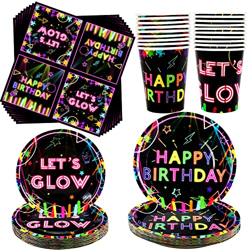 Ywediim Glow Neon Party-Geschirr für 40 Personen – inklusive Teller, Tassen, Servietten, für Let's Glow-Themen-Schwarzlicht-Party-Dekorationen (für 40 Personen) von Ywediim