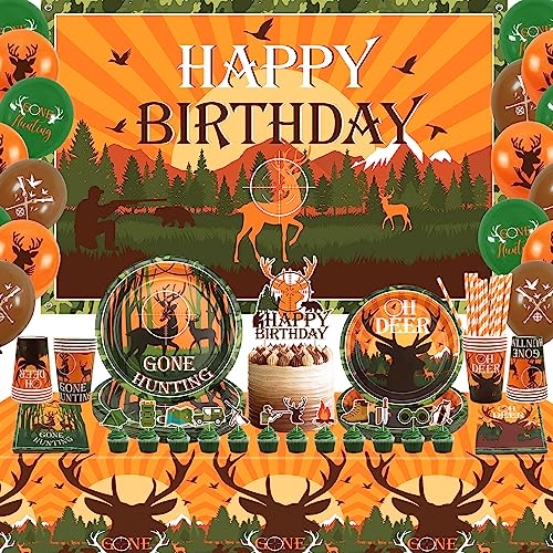 Ywediim Jagdpartyzubehör Geschirr für 20 Gäste, einschließlich Happy Birthday-Hintergrundbanner, Luftballons und Tischdecke, für Geburtstags-Camouflage-Camping-Jagd-Themenparty (Hintergrund) von Ywediim