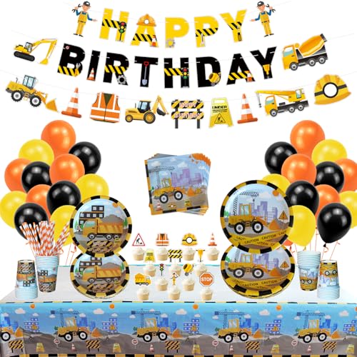 Ywediim Bagger Baustelle Party Geschirr Set– HAPPY BIRTHDAY Banner, Teller, Tischdecke, Tassen, Trinkhalme, Servietten, Kuchenaufsätze, Folienballon, für 20 Gäste Kindergeburtstag Dekorationen von Ywediim