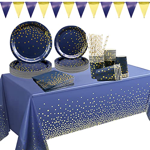 Marineblau gold Partygeschirr–Partyzubehör Pappteller Set , Einschließlich Banner, Teller, Tassen, Servietten,Tischdecke, Strohhalme –für Hochzeiten, Geburtstag, Jubiläums, Babyparty, für 25 Gäste (A) von Ywediim