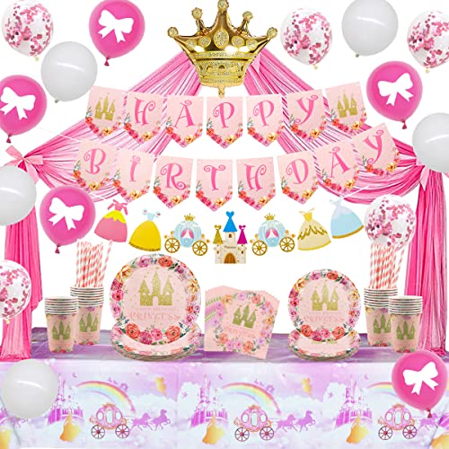 Prinzessinnen Party Dekorationen, Geburtstagszubehör für Mädchen, inklusive Tellergeschirr, Tüll, Banner, Luftballons, Tischdecke, für Mädchen, Prinzessinnen Babyparty Dekorationen für 20 Gäste von Ywediim