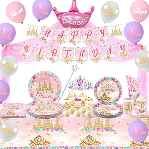 Ywediim Prinzessinnen-Partyzubehör, inkl. Banner, Teller, Tüll, Luftballons, Servietten, Tischdecke, Mädchen-Geburtstagsparty-Dekorationen für 20 Gäste (Stil B) von Ywediim