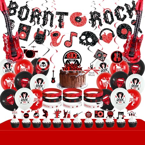 Ywediim | Rock and Roll Party Dekorationen, einschließlich Born to Rock Banner, hängende Wirbel, Cake Topper, Ballons, Armbänder, Tischdecken, für Rock Music Thema Party Lieferungen von Ywediim