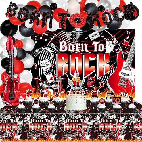 Ywediim Rock'n'Roll-Partyzubehör, einschließlich Born to Rock-Glitzerbanner, Born to Rock-Hintergrund, Ballongirlande und mehr für Dekorationen zum Thema Rockmusik von Ywediim