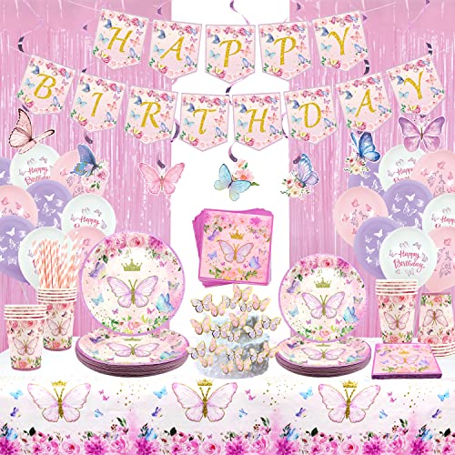 Schmetterling Geburtstag Partygeschirr Set, Teller, Tischdecken, Tassen, Servietten, Strohhalme, hängende Wirbel, Kuchendeckel, Luftballons, für Mädchen Geburtstagsfeier Dekorationen 20 Gäste Schmetterling Geburtstag Partygeschirr Set, Teller, Tischdecken, Tassen, Servietten, Strohhalme, hängende Wirbel, Kuchendeckel, Luftballons, für Mädchen Geburtstagsfeier Dekorationen 20 Gäste von Ywediim