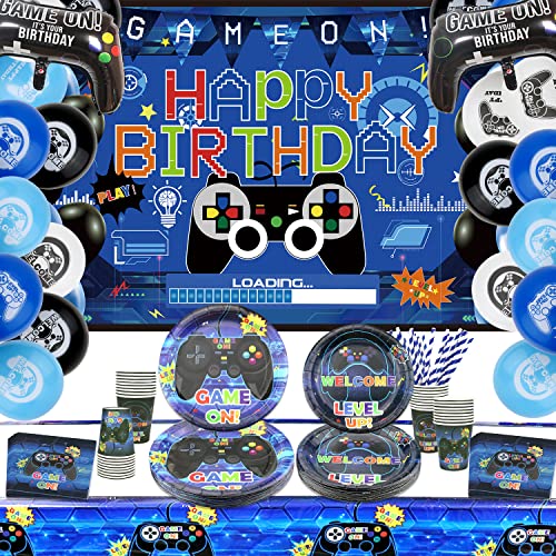 Ywediim Videospiel Party Zubehör – Gamer-Geburtstags-Deko-Set für Jungen,Einschließlich Happy Birthday Hintergrund,Teller, Luftballons, Tassen, Servietten, Tischdecken (für 20 Personen) von Ywediim