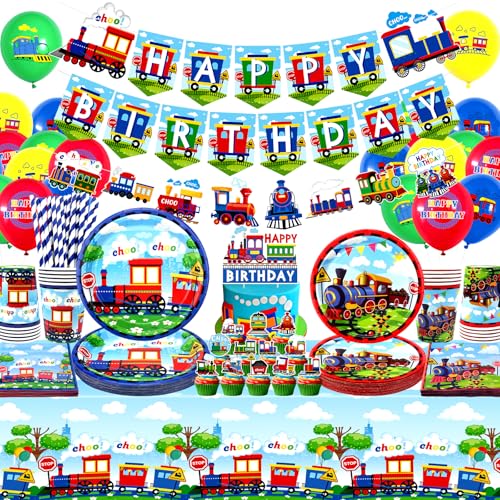 Zug-Party-Dekorationen, inklusive "Happy Birthday"-Banner, Teller, Cupcake-Topper, Servietten, Tassen, Tischdecken, für Zug-Party, Fahrzeug-Partyzubehör (Banner) von Ywediim