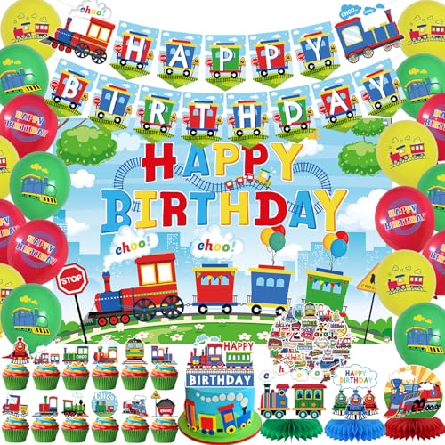 Zug Party Dekorationen, umfasst alles Gute zum Geburtstag Banner, Cake Toppers, Geburtstag Hintergrund, Zug Aufkleber, Luftballons, Waben Centerpieces, für Zug-Party Fahrzeug Party Supplies Zug Party Dekorationen, umfasst alles Gute zum Geburtstag Banner, Cake Toppers, Geburtstag Hintergrund, Zug Aufkleber, Luftballons, Waben Centerpieces, für Zug-Party Fahrzeug Party Supplies von Ywediim