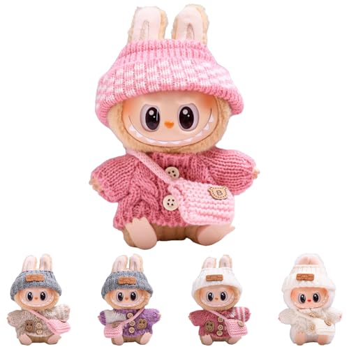 La-bu-bu Kleidung für 17 cm Puppe – DIY Outfit Set mit Hoodie & Anziehzubehör, weiches Puppen-Kleidungsset, elastisch & detailreich, Plüschtier-Bekleidung mit Strickmütze und Tasche (B-F) von Ywwltt