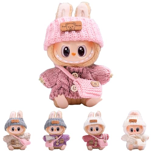 La-bu Kleidung für 17 cm Puppe – DIY Outfit Set mit Hoodie & Anziehzubehör, weiches Puppen-Kleidungsset, elastisch & detailreich, Plüschtier-Bekleidung mit Strickmütze und Tasche (B-F) von Ywwltt