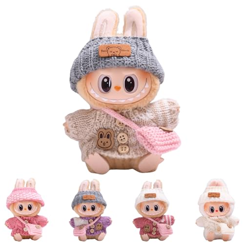 La-bu-bu Kleidung für 17 cm Puppe – DIY Outfit Set mit Hoodie & Anziehzubehör, weiches Puppen-Kleidungsset, elastisch & detailreich, Plüschtier-Bekleidung mit Strickmütze und Tasche (F-HZ) von Ywwltt