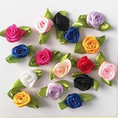 Mini-Bandrosen zum Basteln, 100 Stück, winzige künstliche Stoffblumen mit Blättern, kleine Rosetten, Applikation, DIY-Blume, Satinband, Rosen zum Nähen von Schleifen, Hochzeit, Festival, Dekoration von Yxinjy