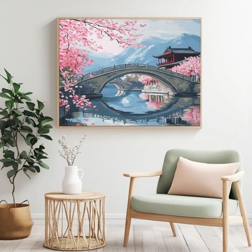 Brücke Malen nach Zahlen Kit für Erwachsene, DIY Malen nach Zahlen Kirschblüte, Acryl Farbe nach Zahlen für Erwachsene, Ölgemälde Handwerk für Heimdekoration, (120 x 90 cm, ohne Rahmen) MK361 von Yyafeenng