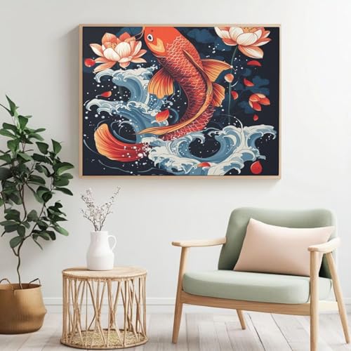 Koi Malen-nach-Zahlen-Set für Erwachsene, DIY Malen nach Zahlen Lotus, Acrylfarbe nach Zahlen für Erwachsene/Anfänger, Ölgemälde Handwerk für Heimdekoration, 90 x 70 cm, ohne Rahmen) MK311 von Yyafeenng