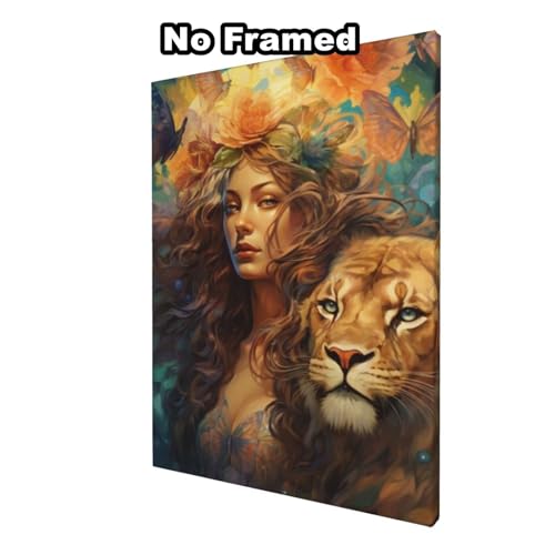 Malen nach Zahlen Erwachsenen-Set, Löwe, Frau, Malen nach Zahlen für Anfänger, Acryl-Peinture a Numero mit 6 Pinseln, DIY-Ölgemälde, Kunst-Bastelsets für Wanddekoration – (60 x 80 cm, rahmenlos) MK2 von Yyafeenng