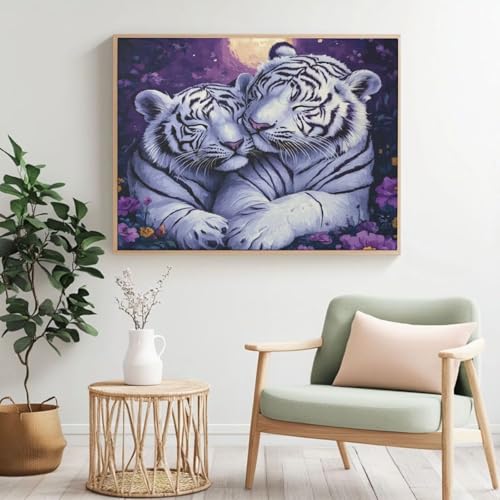Malen nach Zahlen Erwachsenen-Set, Tiger, Mond, Malen nach Zahlen für Anfänger, Acryl Peinture a Numero mit 6 Pinseln, DIY-Ölgemälde Kunsthandwerk für Wanddekoration – (90 x 70 cm, rahmenlos) MK341 von Yyafeenng