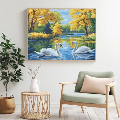 Malen nach Zahlen Erwachsenen-Set, Wald, Schwan, Malen nach Zahlen für Anfänger, Acryl Peinture a Numero mit 6 Pinseln, DIY-Ölgemälde Kunsthandwerk für Wanddekoration – (120 x 80 cm, rahmenlos) MK384 von Yyafeenng