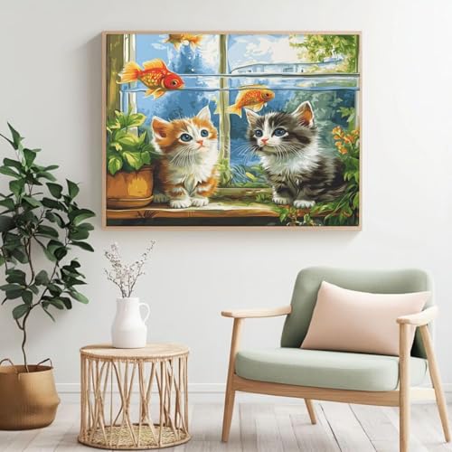 Malen nach Zahlen Erwachsenen-Set Katze, Goldfisch Malen nach Zahlen für Anfänger, Acryl Peinture a Numero mit 6 Pinseln, DIY Ölgemälde Kunst Handwerk für Wanddekoration - (120 x 80 cm, rahmenlos von Yyafeenng