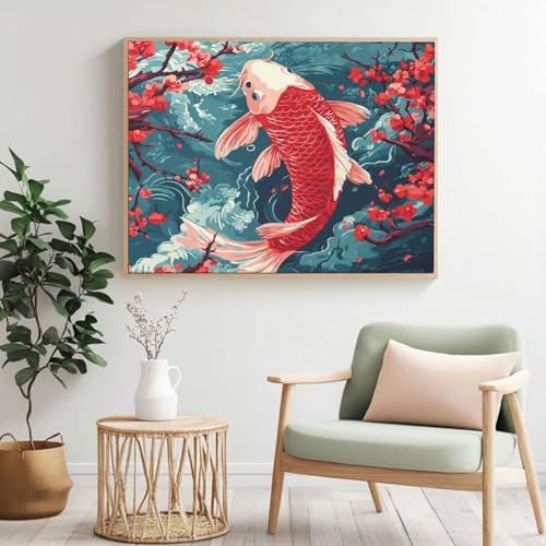 Malen nach Zahlen Set für Erwachsene, Koi, Blumen Malen nach Zahlen für Anfänger, Acryl Peinture a Numero mit 6 Pinseln, DIY-Ölgemälde Kunsthandwerk für Wanddekoration – (120 x 80 cm, rahmenlos) MK375 von Yyafeenng