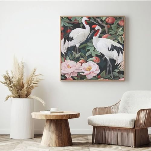 Malen nach Zahlen mit Kranichen für Erwachsene, DIY Malen nach Zahlen Vogel, Acryl Farbe nach Zahlen für Anfänger, Ölgemälde, Handwerk für Heimdekoration, Wanddekoration – (30 x 30 cm, mit Rahmen von Yyafeenng