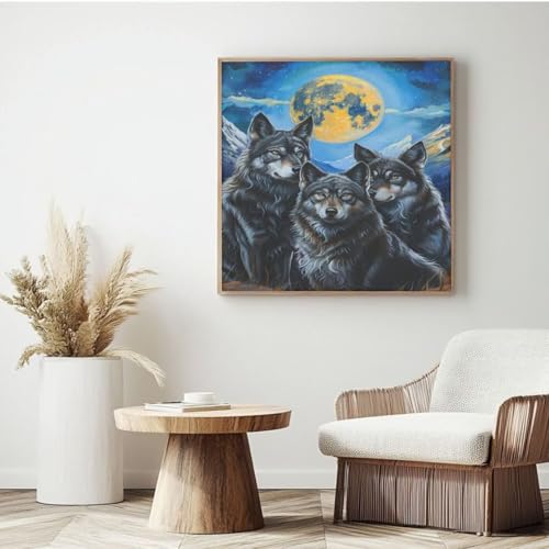 Wolfsmalen-nach-Zahlen-Set für Erwachsene, DIY Malen nach Zahlen Mond, einfaches Acryl Malen nach Zahlen für Erwachsene/Anfänger, Ölgemälde, Basteln für Zuhause, Wanddekoration – (25 x 25 cm, mit von Yyafeenng