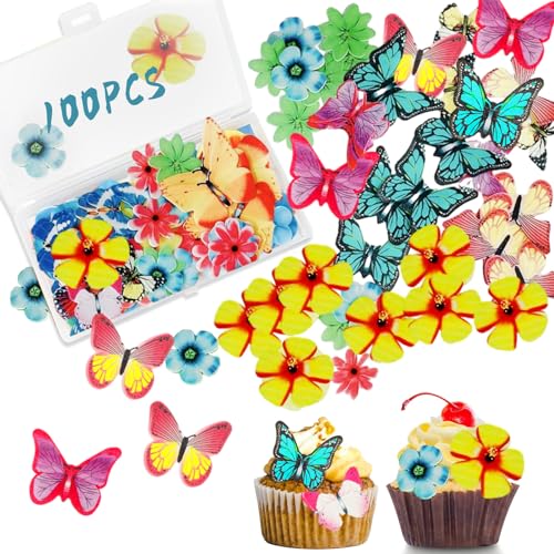 100 Stück Torten Deko Essbare Schmetterlinge Blumen, Essbare 50 Schmetterlings + 50 Blüten Kuchen Esspapier, Cupcake Topper Oblatenpapier für Hochzeit, Geburtstag, Party Lebensmittel Dekoration von YzmrBdqc