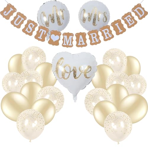24 Stück Just Married Deko Hochzeitsdeko, Brautpaar Hochzeit Heliumballons und Banner Deko, Hochzeitsdeko in Weiß & Gold für die perfekte Hochzeitsfeier von YzmrBdqc