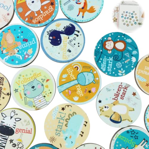 24 mini Geschenke für Kinder Motivation Schule,Holz mit farbigen Tierchen bedruckt,Holz Glückstaler mit Lob und Tiermotiv Glücksbringer,Belohnung Einschulung Mitgebsel Streudeko Tischdeko von YzmrBdqc