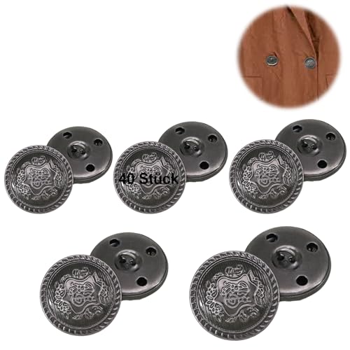 40 Stück Metall Knöpfe Blazer,Vintage Antike Metall Blazer Knöpfe,mit Schaft Mäntel Jacke,5 Stile 15mm 18mm 20mm 23mm 25mm,Trachten Nachthemd Knopf Mantel Groß(Antikes Silber) von YzmrBdqc