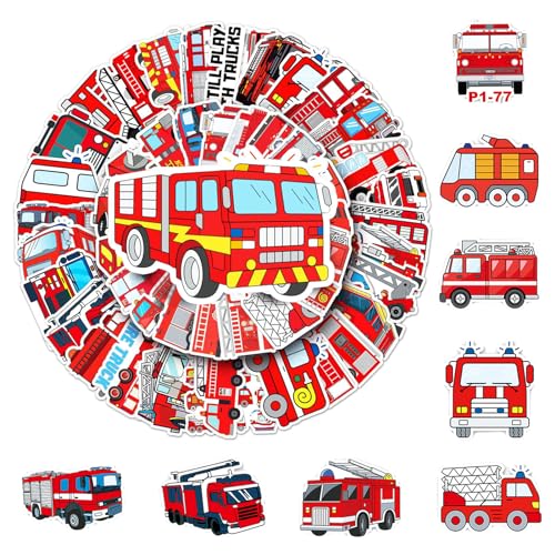 50 Stück Feuerwehrauto Aufkleber, Vinyl Feuerwehr Auto Kinder wasserdichte Sticker, Fire Truck Deko für Auto Laptop Koffer Skateboard Fahrrad Motorrad Party Wand Deko für Erwachsene Kinder von YzmrBdqc