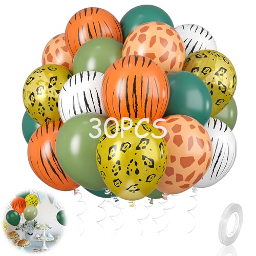 Dschungel-Luftballons, 30 Stück, 30,5 cm, Dschungel-Safari-Tierdruck, Dschungelsafari-Themenparty-Dekorationen, grüne Latex-Luftballons, Leopardenmuster, Zebra-Tiger-Luftballons (4 Arten Dschungel-Luftballons, 30 Stück, 30,5 cm, Dschungel-Safari-Tierdruck, Dschungelsafari-Themenparty-Dekorationen, grüne Latex-Luftballons, Leopardenmuster, Zebra-Tiger-Luftballons (4 Arten von YzmrBdqc