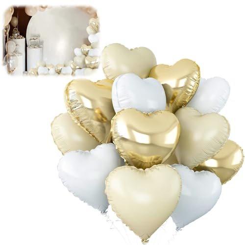Folienballons in Herzform, Weißgold, 45,7 cm, beige, herzförmige Luftballons, goldfarbene und weiße wiederverwendbare Aluminiumballons für Geburtstag, Hochzeit, Valentinstag, Dekoration, 12 Stück Folienballons in Herzform, Weißgold, 45,7 cm, beige, herzförmige Luftballons, goldfarbene und weiße wiederverwendbare Aluminiumballons für Geburtstag, Hochzeit, Valentinstag, Dekoration, 12 Stück von YzmrBdqc