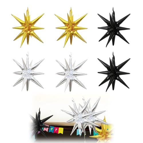 Folienstern-Luftballons, 55,9 cm, langlebiges Aluminium, 14-zackiges Dekor, Schwarz-Gold- und Silber-Party-Dekorationen für Geburtstage, Hochzeiten, Babypartys, 6 Stück Folienstern-Luftballons, 55,9 cm, langlebiges Aluminium, 14-zackiges Dekor, Schwarz-Gold- und Silber-Party-Dekorationen für Geburtstage, Hochzeiten, Babypartys, 6 Stück von YzmrBdqc