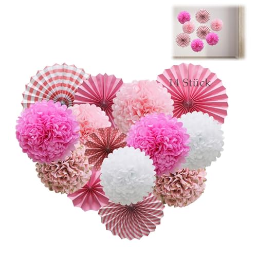 Seidenpapier Pompoms,14er Rosa Deko Seidenpapier Pompons,Dekorpapier Blumenpuscheln Papier,hängende Glitter Punkt Papier Girlande, Papier Fans Fächer und Wabenbälle Dekorpapier Kit von YzmrBdqc