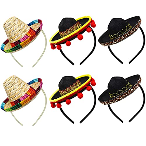 Yzpacc Set von 6 Cinco de Mayo Stroh Sombrero Stirnband Stoff Partyhüte mit Ball Fransen Dekoration für Fiesta Hut Partyzubehör, Dia de Muertos, mexikanische Themen Dekorationen Partyzubehör von Yzpacc