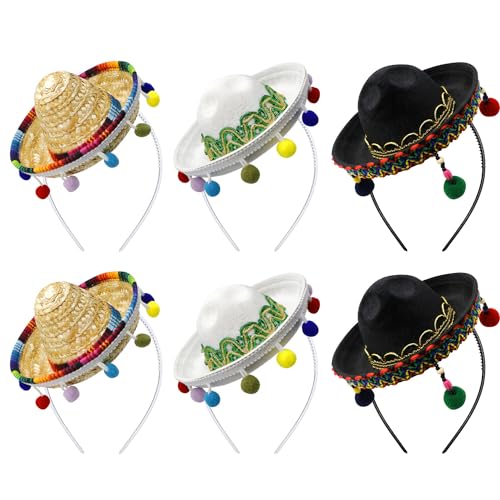 Yzpacc Set von 6 Cinco de Mayo Stroh Sombrero Stirnband Stoff Partyhüte mit Ball Fransen Dekoration für Fiesta Hut Partyzubehör, Dia de Muertos, mexikanische Themen Dekorationen Partyzubehör (style C) von Yzpacc